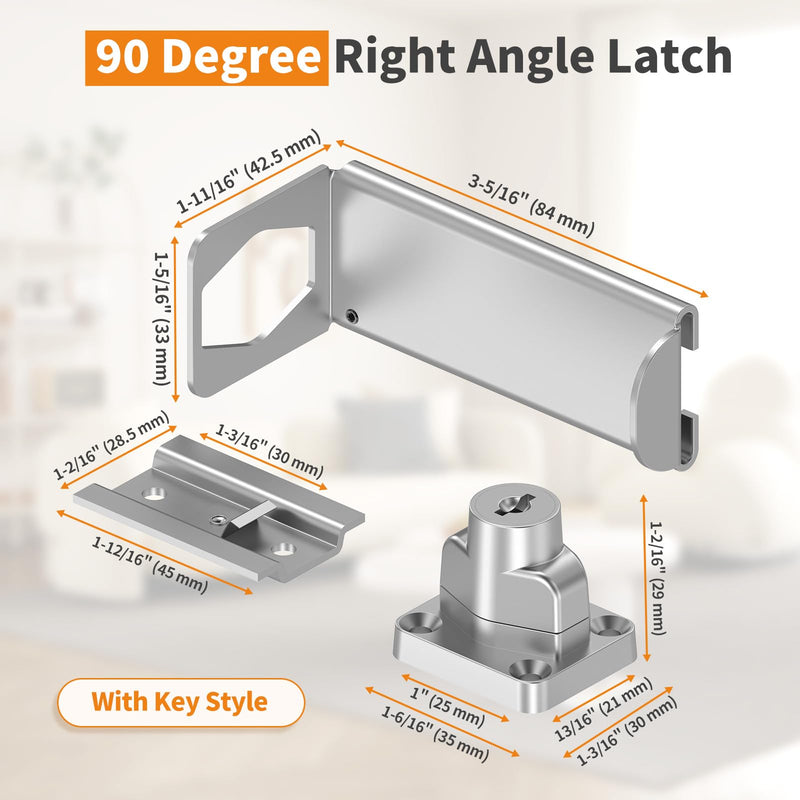 90 Degree Sliding Door Lock, Security Right Angle Hasp Latch Lock, Gate Latch Fit for Barn, Garden, Fence, Patio (Silver, 3.3 in with Key-2 Pcs) Silver