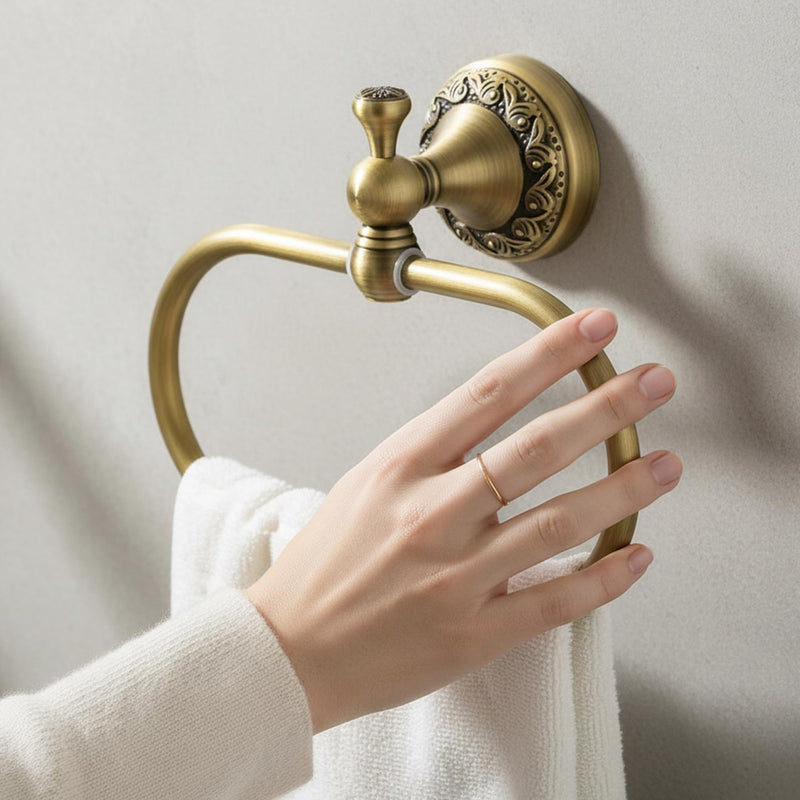 Flybath Oval Towel Ring Antique Brass Exquisite Pattern Carving Hanger Hand Towel Holder for Bathroom Kitchen Accessories Wall Mounted, Brushed Bronze Brushed Bronze (Antique Brass)