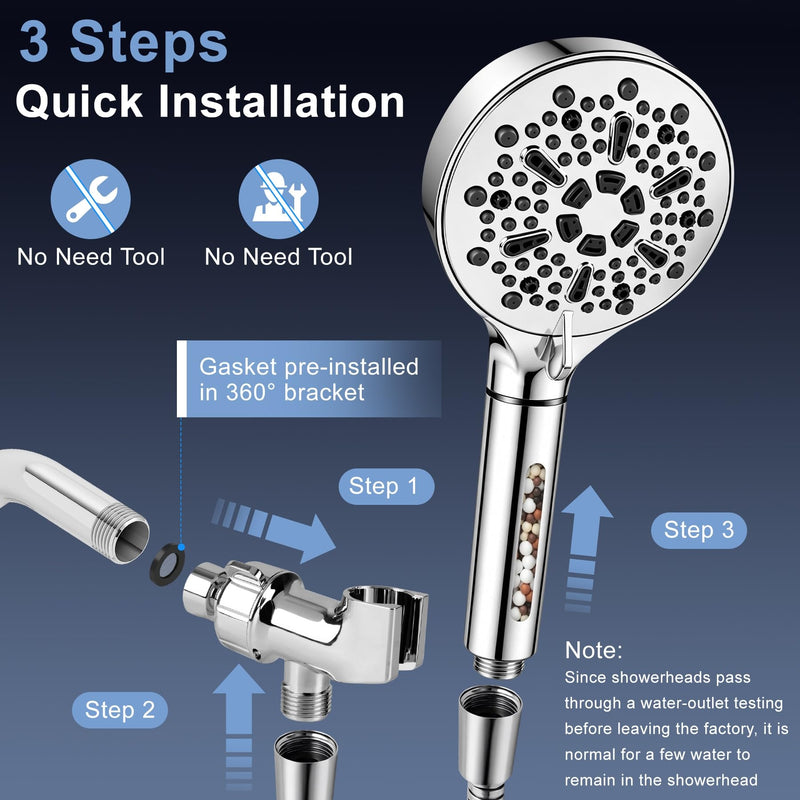 Filtered Shower Head with Handheld, High Pressure 7-Spd Detachable Chrome Showerhead with Stainless Hose, Water Softener Filter Beads for Hard Water - Remove Chlorine, Reduce Dry Itchy Skin 1 Filters Sliver