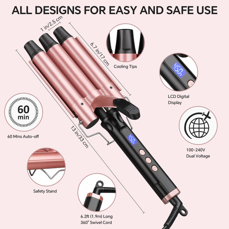 3 Barrel Hair Waver for Long or Short Styling, 25mm Hair Curler Crimper with 14 Temperature Settings 100-230°C, Ceramic Curling Iron Tongs Creates Mermaid Waves