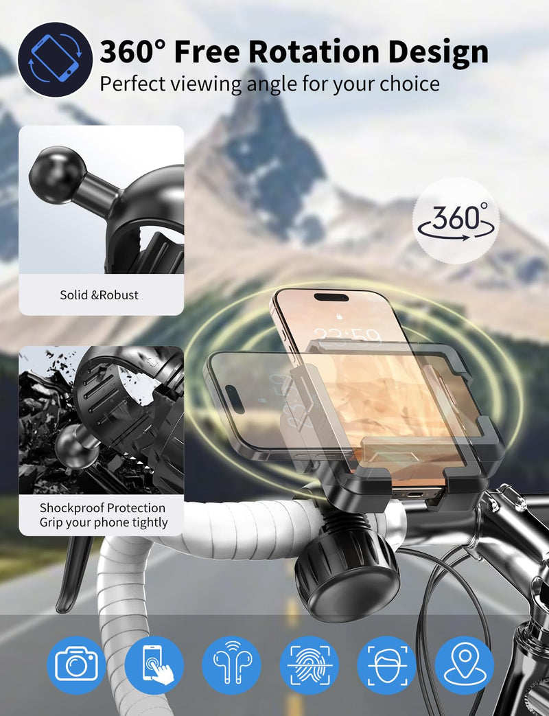 Motorcycle Phone Mount, [No Block Camera] Bike Phone Holder Mount, [Silicone Wrapped] Handlebar Cell Phone Mount for Bike/Scooter/ATV, Fits iPhone 16/15/14/13 Pro Max & 4.7"-7" Phones, Black