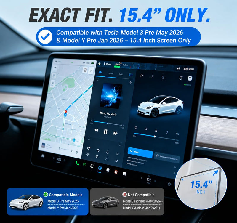 15.4inch Premium Tesla Phone Mount & Holder for Model Y Juniper (2025-2026) & Model 3 Highland (2024+),Snap-On Screen Clip with Scratch-Free Felt Base, Solid Alloy Arm Model Y(Juniper 2025+)