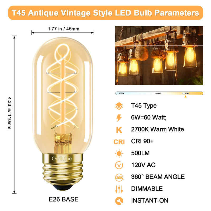 E26 LED Bulb 6W Equivalent 60 watt, Vintage Edison Bulbs, Warm White 2700K Amber E26 Edison Bulb dimmable,Tubular T14 T45 LED Light Bulb, AC120V,500lm,CR90+,Glass,Pack of 4 Amber 6w-2700k 4pcs