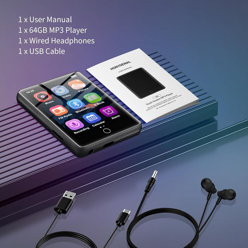HONYGENAL2.8 Display Bluetooth MP3 Player, 64GB Portable HiFi Music Player, Bluetooth 5.4, Built-in HD Speaker, FM Radio, Voice Recorder, E-Book, Comes with Earphones, Black