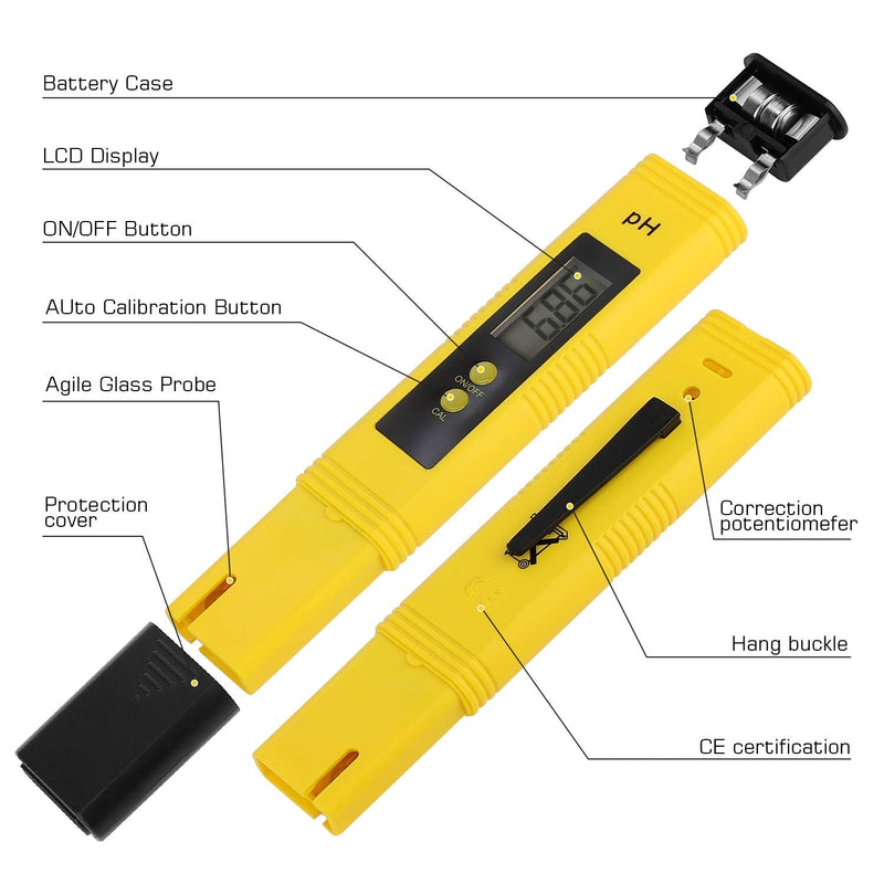 PH Meter for Water Hydroponics Digital PH Tester Pen 0.01 High Accuracy Pocket Size with 0-14 PH Measurement Range for Household Drinking, Pool and Aquarium (2, Yellow, Normal) 2