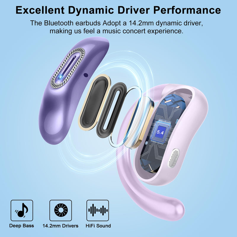 Open Ear Headphones, NEW Over Ear Earbuds with 4 ENC Noise-Canceling Mic | Ultra-Comfort Bone Conduction Earbuds, BT5.4, 50H HD Stereo, IPX7 Waterproof, Ergonomic Earhooks,Sports Ear Buds for Running Lavender
