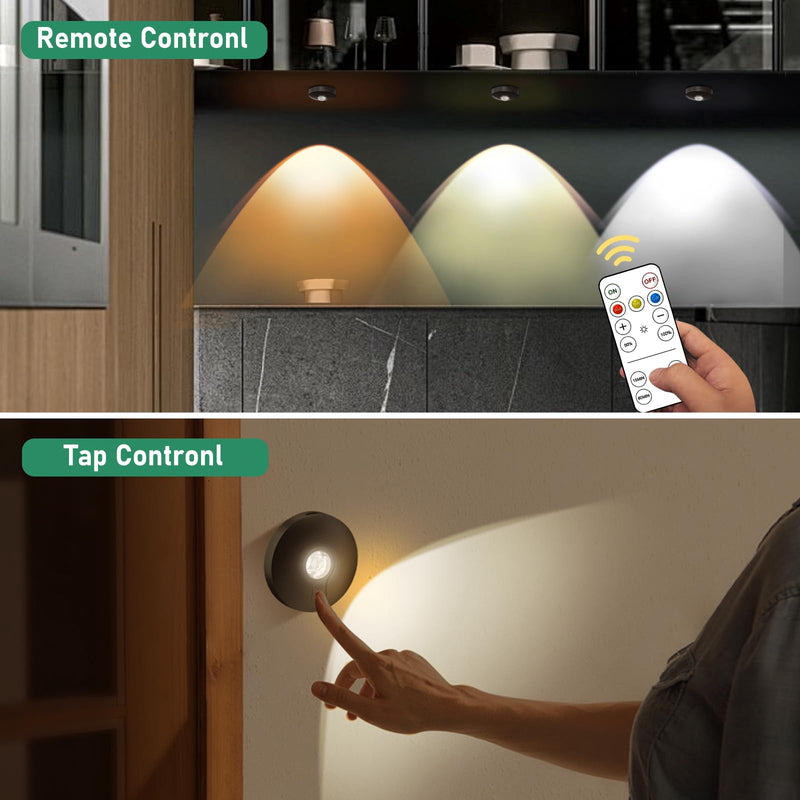 Rechargeable Puck Lights,LED Under Cabinet Lighting,2000mAh Battery Operated Tap Stick on Lights,Touch&Remote Controls Dimmable Wireless Closet Light for Kitchen (Black-3color, 6) Black-3color