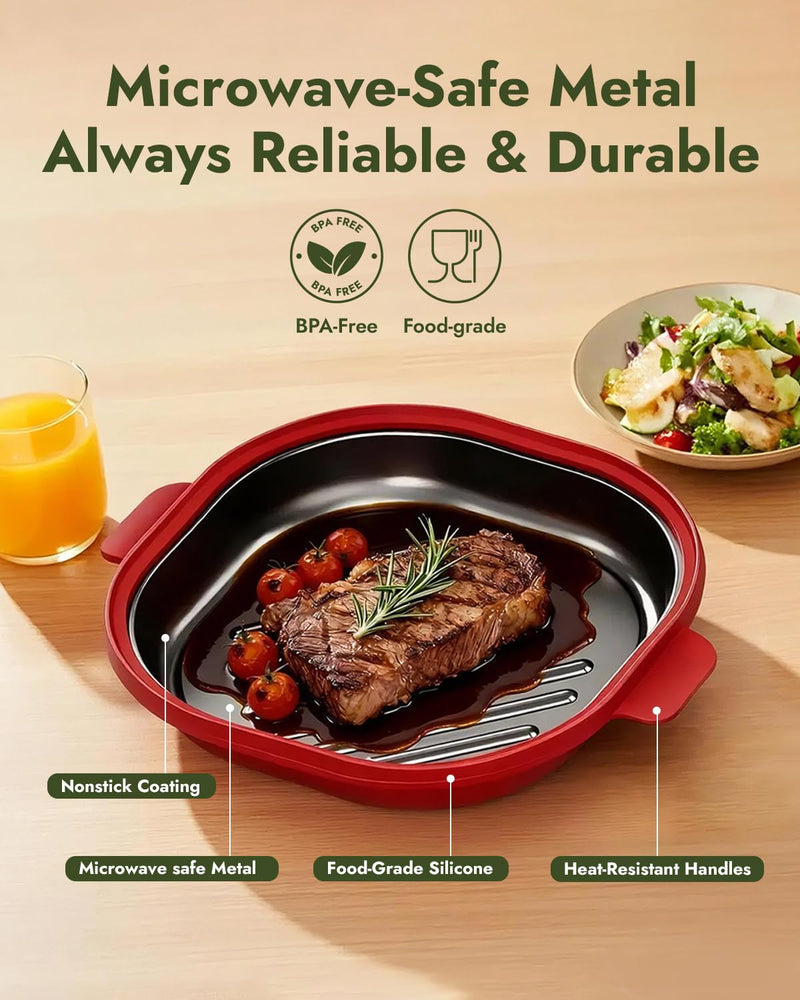Microwave Grill Pan - Get Real Grill Marks in 5 Minutes, Multi-Cooker (Bake/Fry/Steam) for Steak, Bacon & Veggies. Nonstick, Dishwasher Safe for RV/Dorm/Office Use, Includes Brush