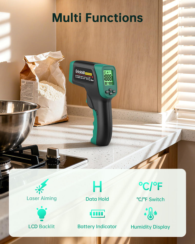 ERICKHILL Infrared Thermometer Gun, Dual Mode IR Laser Thermometer with -50°C~800°C and Meat Probe (-50°C~300°C), Non-Contact Digital Thermometer for Cooking, BBQ, and Industrial Use IR Thermometer & Probe