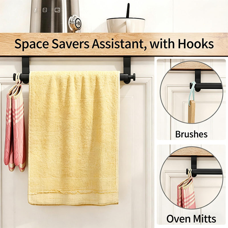 Over Cabinet Towel Holder, Stainless Steel Over The Cabinet Towel Rack Bars for Kitchen Cabinet Doors, Dish Towel Holder with Hooks, 2 Pack (Black) Black 10.5 inch