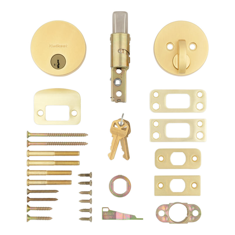 Kwikset Uptown Deadbolt Lock, Satin Brass Round Exterior Keyed Front Entry Door, Pick Resistant SmartKey Rekey Security, Single Cylinder Dead Bolt, with Microban Protection 0.5" x 2.63" x 2.63"