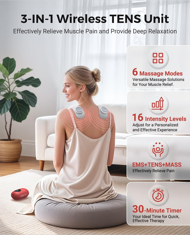 Wireless TENS Unit, Muscle Stimulator for Pain Relief, Portable TENS Machine, Dual Channel Pocket-Size EMS Massage Device with Charging Case, LED Screen for Back, Shoulder, Waist, Red