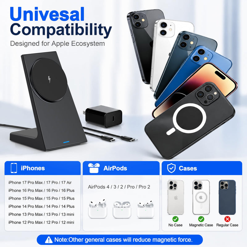 20W Wireless Charger for Apple Devices,Magnetic Charger for iPhone12-17 | 25W PD3.0 Adapter Wireless Charger Stand for Travel, Bedside,Desk, and Nightstand Black