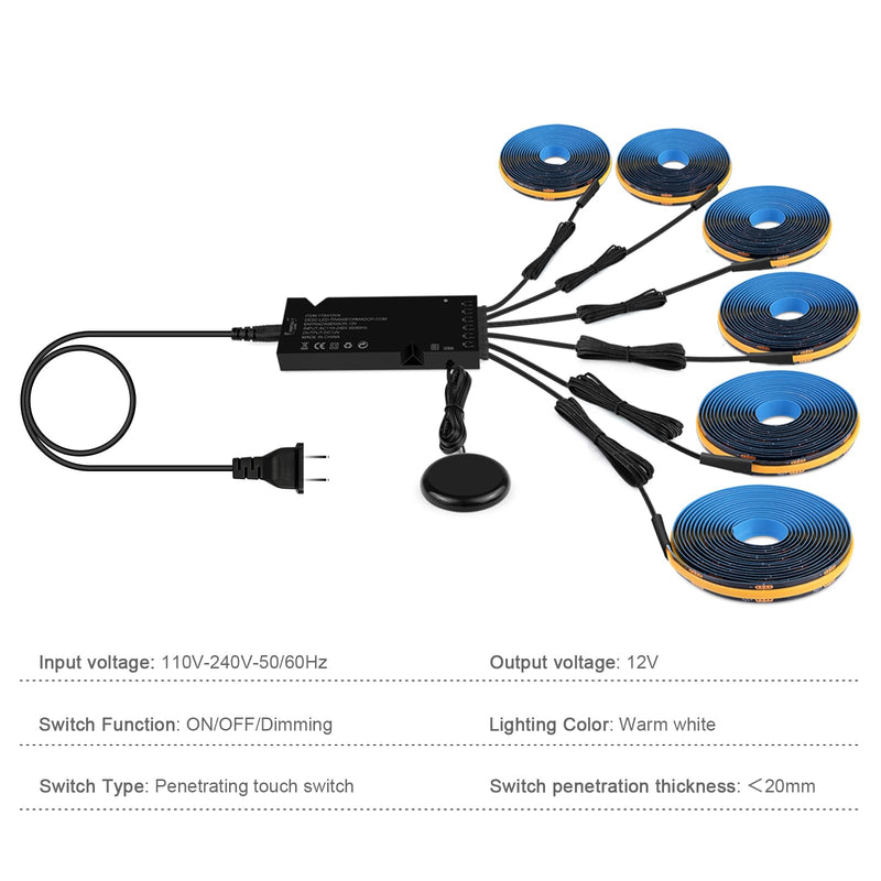 6-in-1 Black PCB COB LED Strip Light,12V Touch Dimable LED Recessed Lighting Kit,3.3Ft Self-Adhesive Under Cabinet Lighting 3000K with 36W Adapter for Wood Slat Wall Panels, Headboards, Cabinet,Shelf Warm White-3000K 6 Roll 3.3Ft