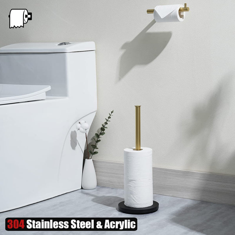 JQK Toilet Paper Storage Stand Gold, 304 Stainless Steel Thicken 0.8mm Tissue Reserve Holder Dispenser for Bathroom, Brushed Gold, TPS180-BG 15.35 Inch Gold & Black Base