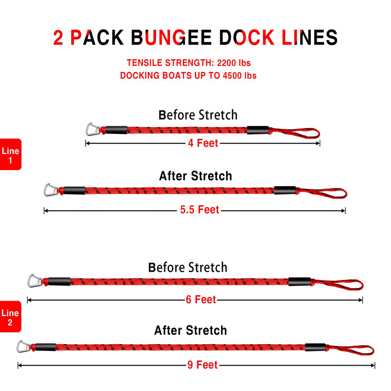 Bungee Dock Line Boat Accessories - Pontoon, Jet Ski, Kayak Accessories with 316 Stainless Steel Clip Red 4ft & 6ft