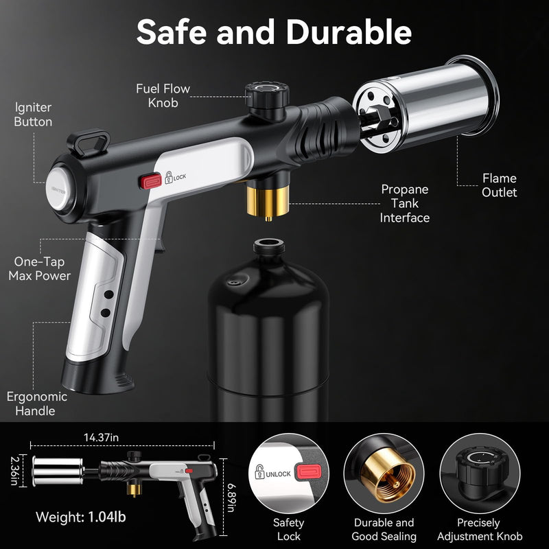 Propane Torch with Felt Storage Pouch, One-Tap Max Flame, Safety Lock, Adjustable Precision Flame, Kitchen Blow Torch Gun for Sous Vide, Searing Steak, BBQ Grill, Camping (Tank Not Included) Silver