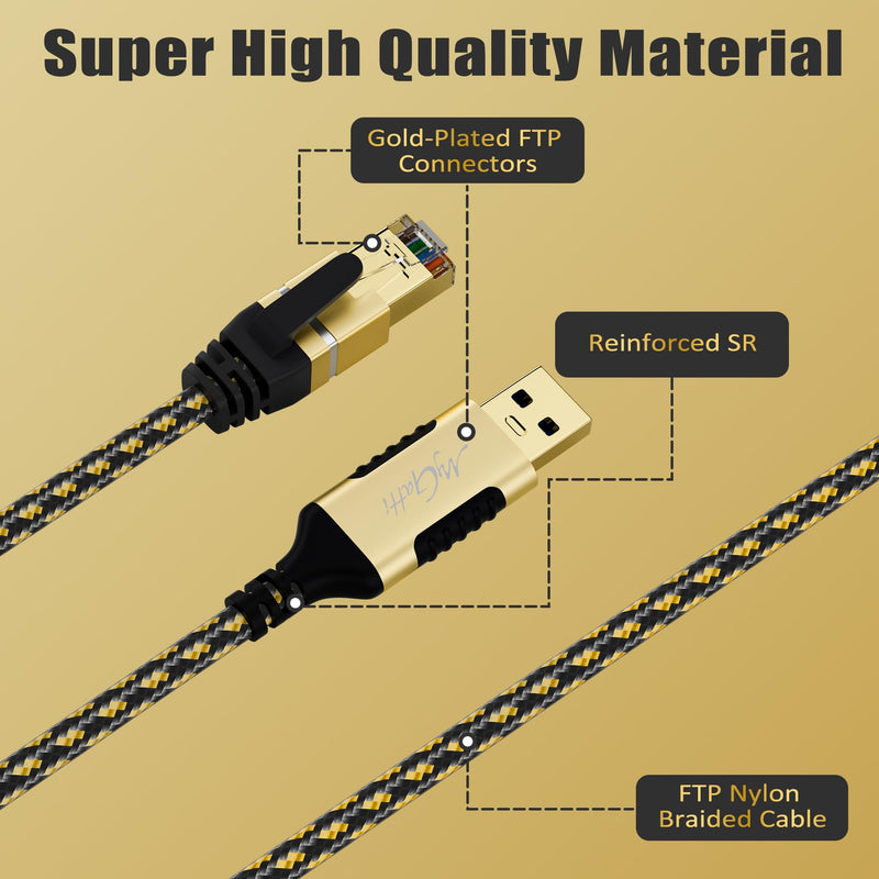 USB to Ethernet Cable 10 FT, USB-A 3.0 to RJ45 Cable, FTP, 1Gbps High-Speed-Shielded LAN Network Cable, Directly Connected, Compatible with Laptop, PC, MacBook, Switch, Windows, macOS, Linux RJ45 to USB-A Cable 10FT