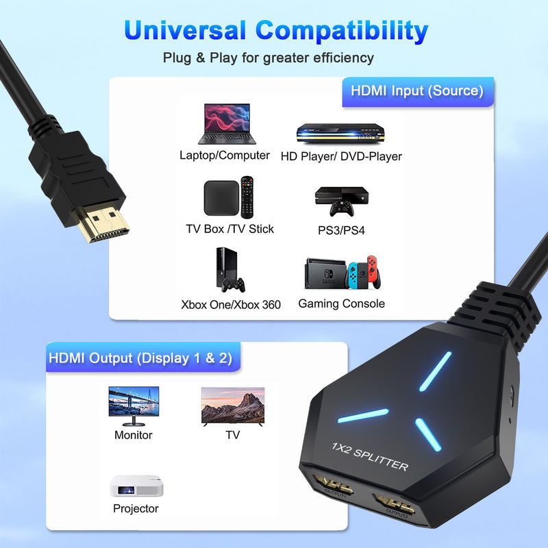 HDMI Splitter 1 in 2 Out Duplicate/Mirror (Not Extend), 4K@30hz HDMI Splitter for Dual Monitors for Full HD, 1080P, 3D, Compatible with Xbox, PS4, PS5, TV, Projector, Computer