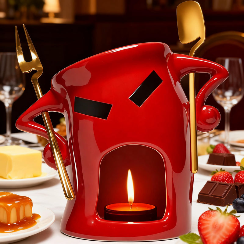 Ceramic Fondue Cup Set w/Built-In Fork & Spoon - Mini Chocolate/Cheese Fondue Mug | Microwave & Dishwasher Safe | Compact Gift-Ready (Red) Red
