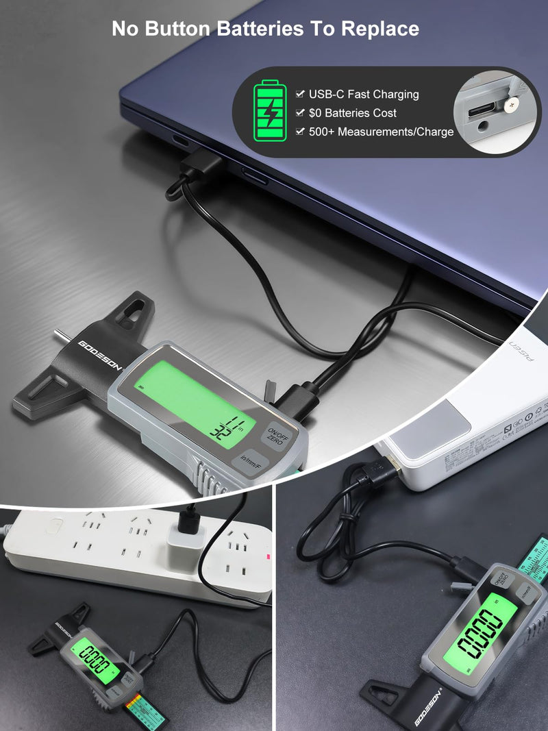 GODESON Tire Tread Depth Gauge,Rechargeable Digital Tire Depth Gauge - USB-C,3-Unit Switch (mm/Decimal/Fraction Inch), Backlit LCD Display, Auto Power Off, 0-32NDS for Car/SUV/Truck Wear Measurement