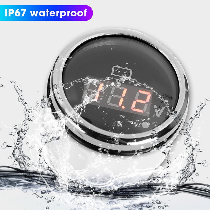Marine LED Voltmeter, 2in 316 Stainless Steel Battery Voltage Gauge LED Digital Display IP67 Smart Alarm Universal for Car Boat Auto, Red Alarm Light Flashes (Black) Black