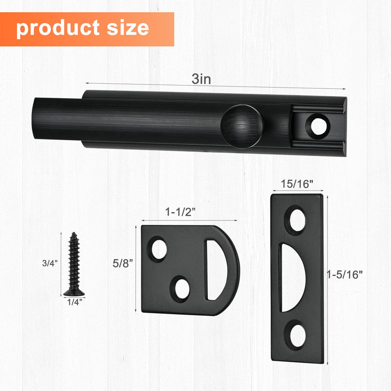2 Pack Solid Brass Surface Bolt 3 Inch, Heavy Duty Concealed Slide Surface Door Bolt, Black Black-2 Pack