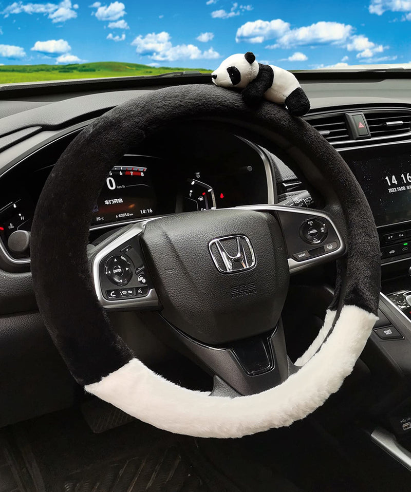 8 Pcs Cute Panda Steering Wheel Cover Set for Women Girl,Anti-Slip Lovely Cartoon Car Wheel Protector Universal 15 Inch Fit for Vehicle, Car, Auto, SUV (Black White) Black White