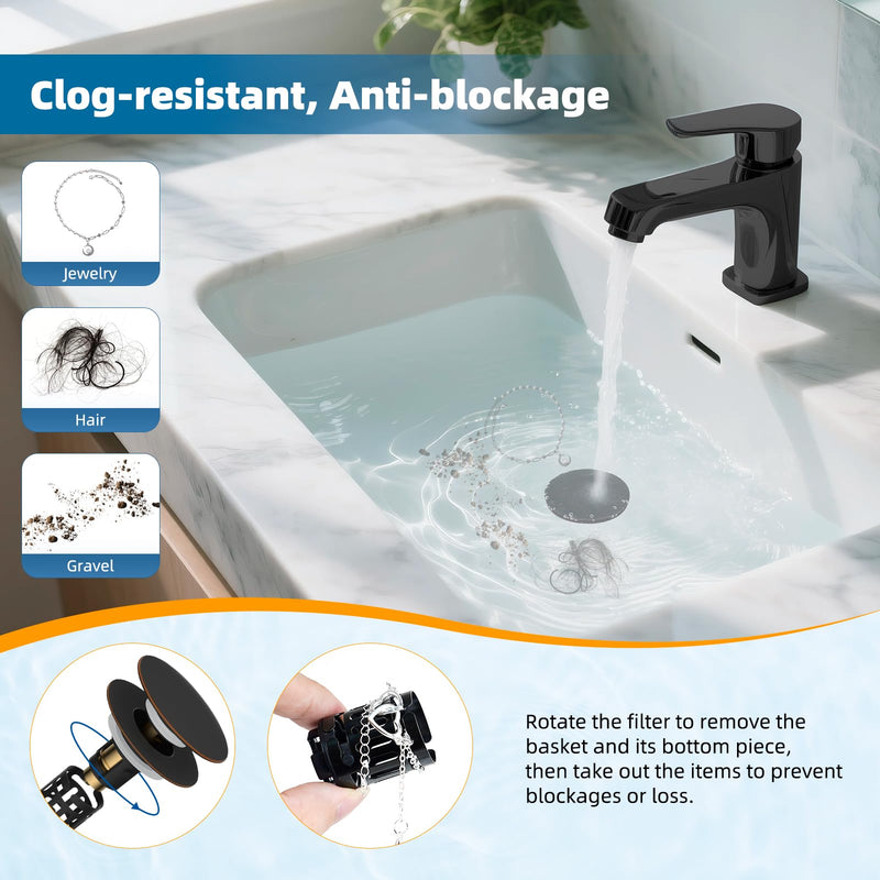 Hibbent 2 Pack 3 in 1 Bathroom Sink Drain Strainer, Pop Up Sink Stopper with Big Push Cap, Anti-Clogging Metal Filter Basket,Sink Plug with Hair Catcher for 1.1''~2.36'' Basin, Oil-Rubbed Bronze