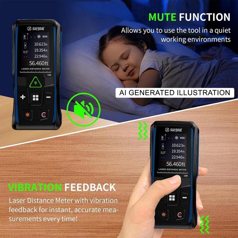 328Ft Green Laser Distance Meter – Digital Laser Measure with Angle Sensor, 4-Way Rotating Backlit LCD, Pythagorean Mode, Unit Switch, ±3mm Accuracy, Handheld Measuring Tool Black Green 328FT