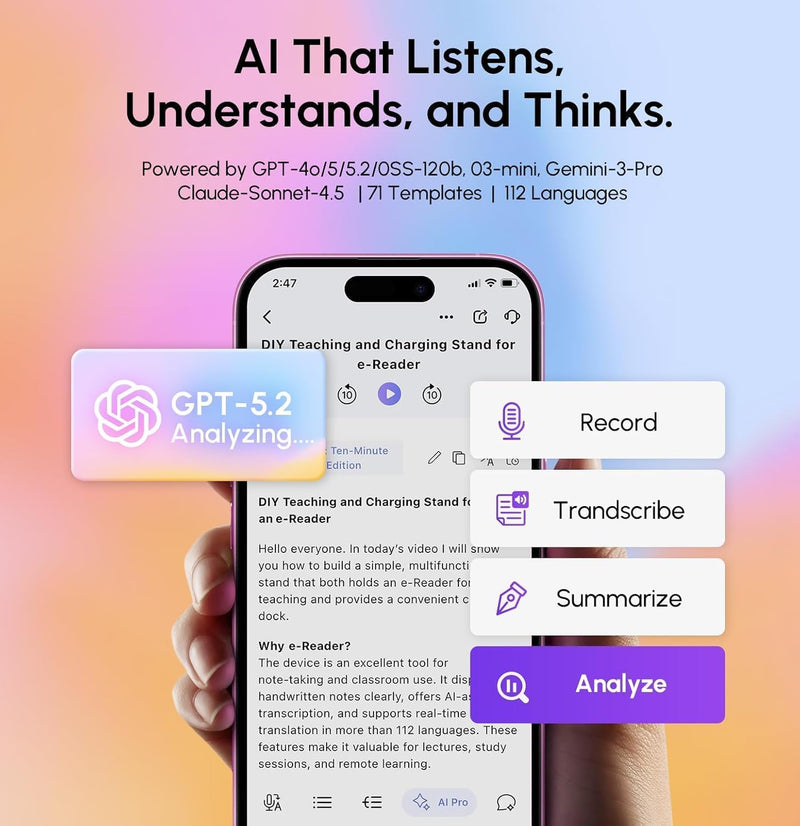 AI Voice Recorder, AI Transcriber with GPT-5.2, Cyber Gray | One-tap recording, speech-to-text in 112 languages, auto summaries, 71 templates, 5 AI modes and end-to-end encryption