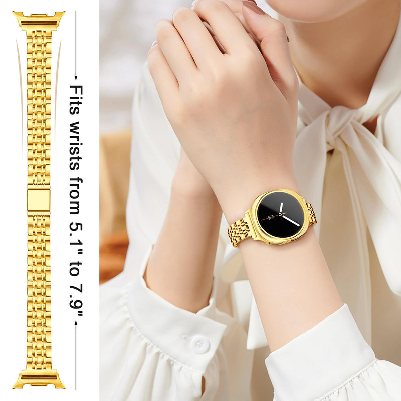 Slim Metal Band +Case for Samsung Galaxy Watch 8/9 Band 40mm with Protective Cover No Screen Film for Women Men, Stainless Steel Thin Replacement Strap for Samsung Watch 8 9 Bands-Gold Gold Galaxy Watch 8/9-40mm