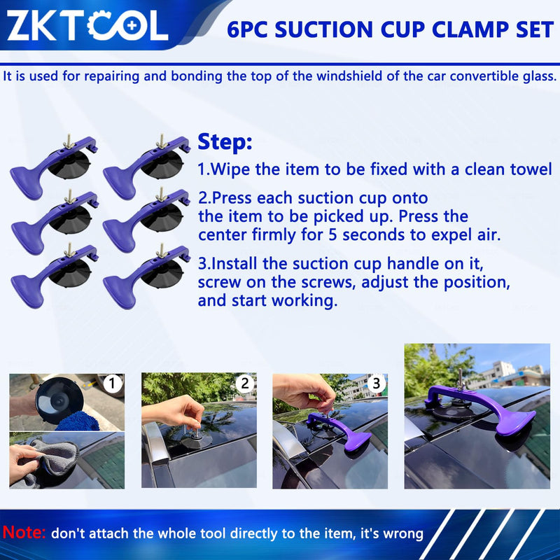 ZKTOOL 6PC Suction Cup Clamp Set, Class Clamps Kit for Car Convertible Glass Windshield Top Repair Gluing,With Sponge Pad.…