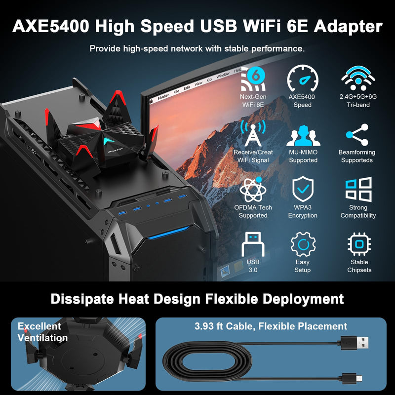 NEWFAST WiFi 6E USB Adapter for Desktop PC U357, AXE5400 Wireless Network Adapter Tri-Band Wireless USB WiFi A-dapter for PC, WiFi Dongle with 4 Antennas Supports Windows 11/10 Black
