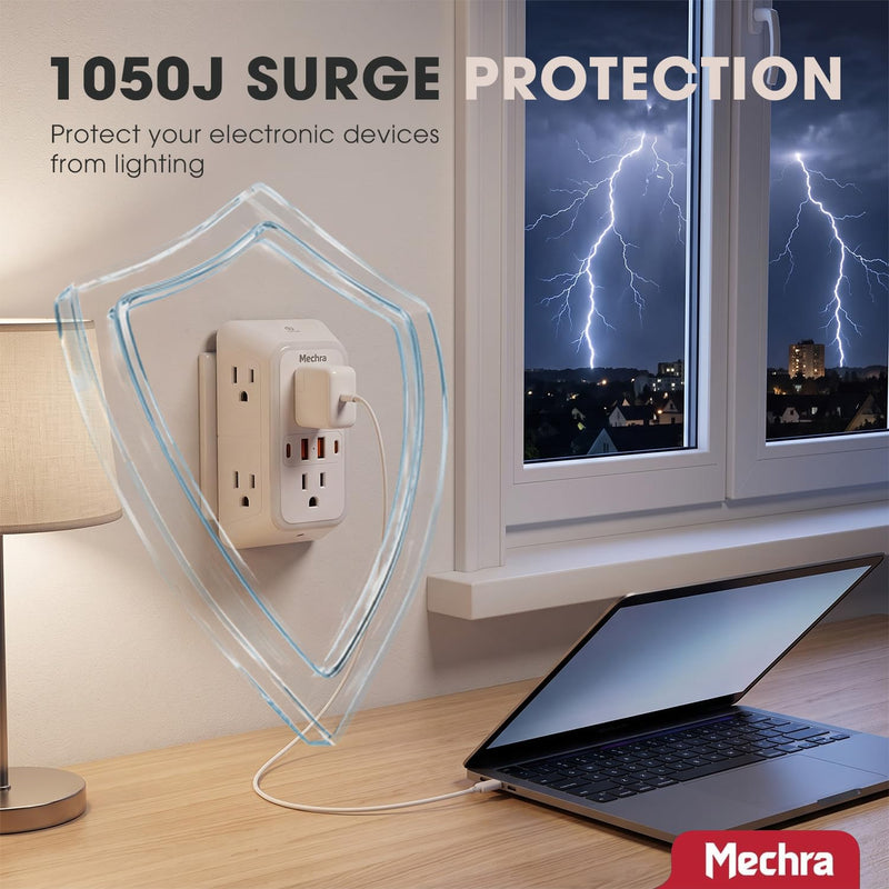 10-in-1 Wall Outlet Extender with Night Light, 3-Sided Multi Plug Surge Protector (1050J), 6 Wide Spaced AC Outlets & 4 USB Ports, Wall Mount Wall Charger for Home, Office, School & Travel White Standard