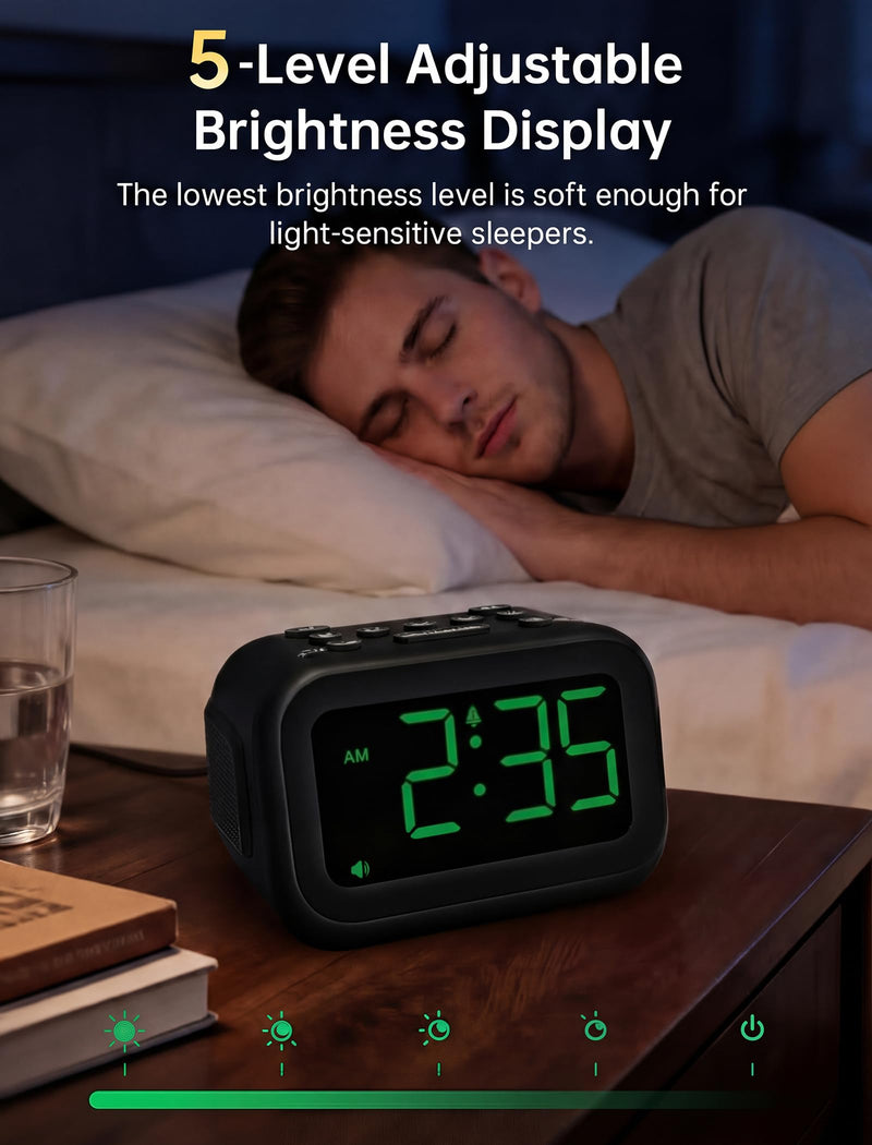 Extra Loud Alarm Clock: 115dB Dual Alarms and 6 Unique Alarm Sounds for Heavy Sleepers - Adult Students for Bedroom On-Time Wake-Ups - Green Digits Black - Green Digits