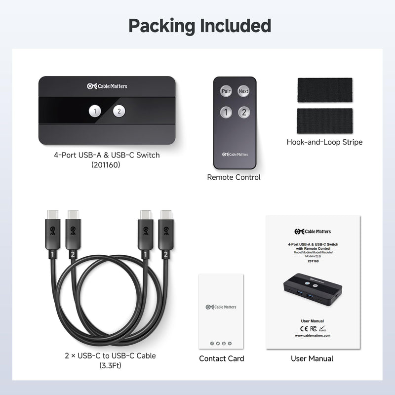 Cable Matters USB C Switch for 2 Computers with Remote Control, 10Gbps Data Transfer, Shares 2X USB-A and 2X USBC Peripherals (Keyboard, Mouse, Printer, SSD), Data Only - No Video, No Host Charging