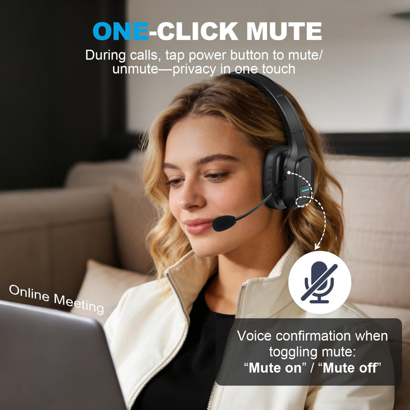 Bluetooth Headset for Truck Drivers, Single Ear Wireless Headset with Mic and USB Dongle, AI Noise Canceling Microphone, Mute Button, 45H Talk Time for Office Calls, Call Center, Phone and PC