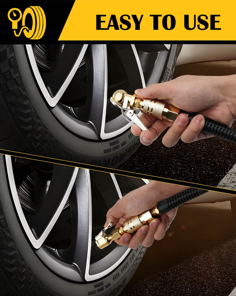 2-Pack Heavy Duty/Ball Clip Air Chuck Set, 1/4" FNPT Closed Flow Tire Chuck Inflator Nozzle, Compatible with Schrader Valves, Quick Connect Plug, Pure Brass. Ball Clip + Heavy Duty
