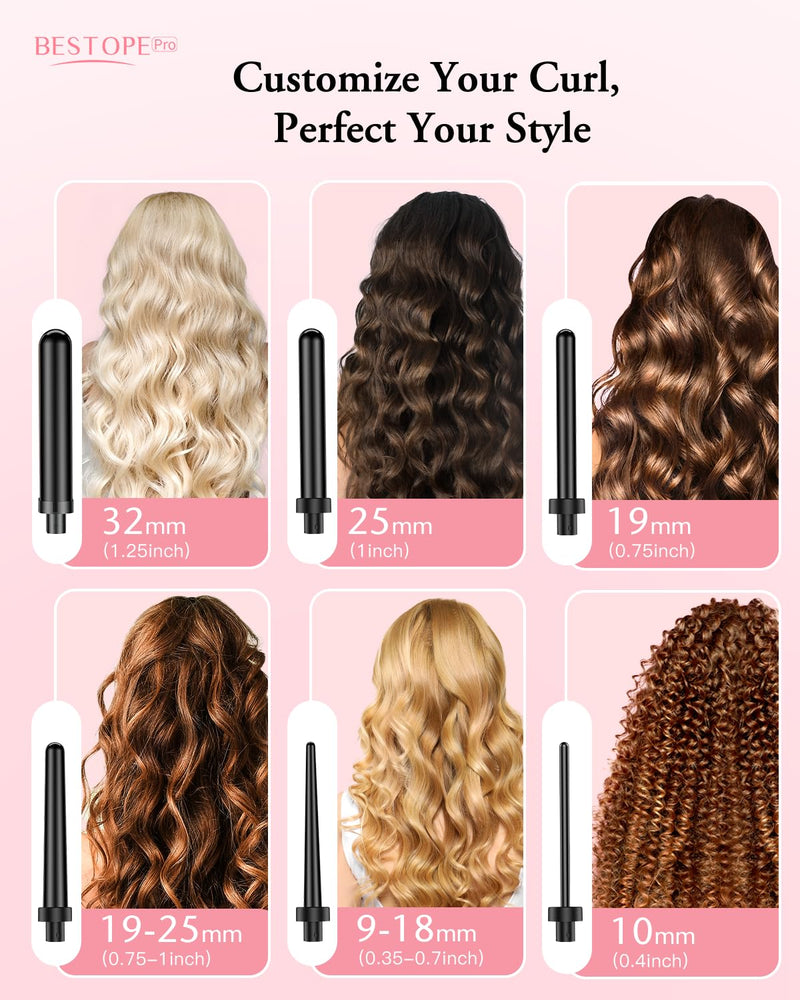  [AUSTRALIA] - BESTOPE PRO Hair Curler 6-in-1 Curling Wand Set, Curling Iron with 2 Temperature Control, Curling Tongs with Heat-Resistant Glove and 2 Hair Clips Black 6 in 1