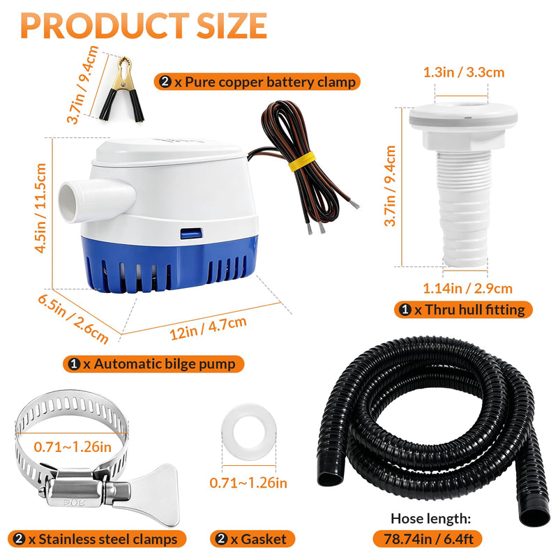 12V 1200GPH Automatic Marine Bilge Pump Kit, 1-1/8 Inch Submersible Drain Set with 6.3FT Hose, Pure Copper Clamps, Stainless Steel Hose Clamps, Thru-Hull Fitting & Seal Rings, Fits Yachts, Boats & RVs