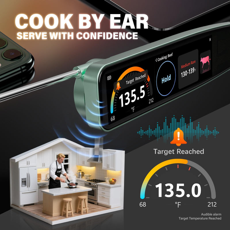 0.5s Instant Read Smart Meat Thermometer Digital, 3.8″ HD Touchscreen with Temp-OS, Professional Kitchen Food Thermometer for Cooking, Grill, BBQ | ±0.5°F, −58–572°F, IP68, USB-C Rechargeable Green