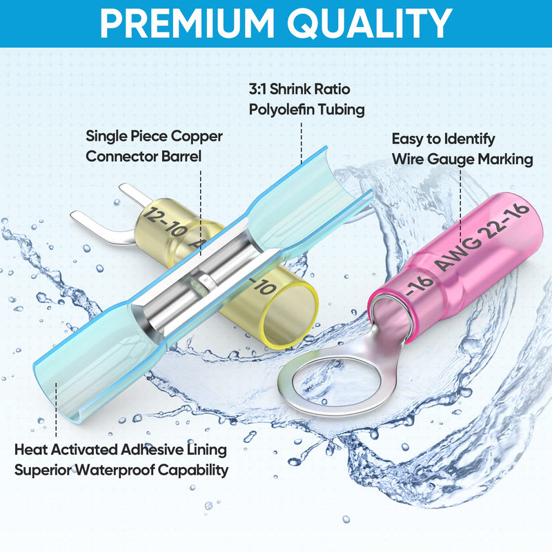 TICONN 400Pcs Heat Shrink Wire Connectors, Waterproof Automotive Marine Electrical Terminals Kit, Crimp Connector Assortment, Ring Fork Spade Butt Splices 400PCS Combo