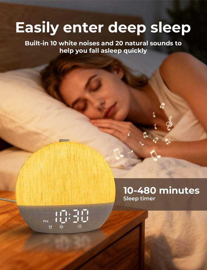 LIORQUE Sunrise Alarm Clock, Digital Alarm Clocks Bedside, Wake up Light with White Noise for Heavy Sleepers, 30 Sleep Sounds, Sleep Timer, Adjustable Volume & Brightness,Screen Free Design, Bluetooth