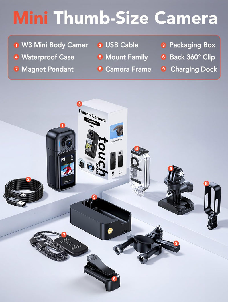 BOBLOV W3 Mini Body Camera Waterproof, 64GB Touch Screen Wearable Camera | 7H recording, charging dock, magnetic clips and up to 33FT waterproof case for vlogging, travel, cycling and daily use 64G Waterproof