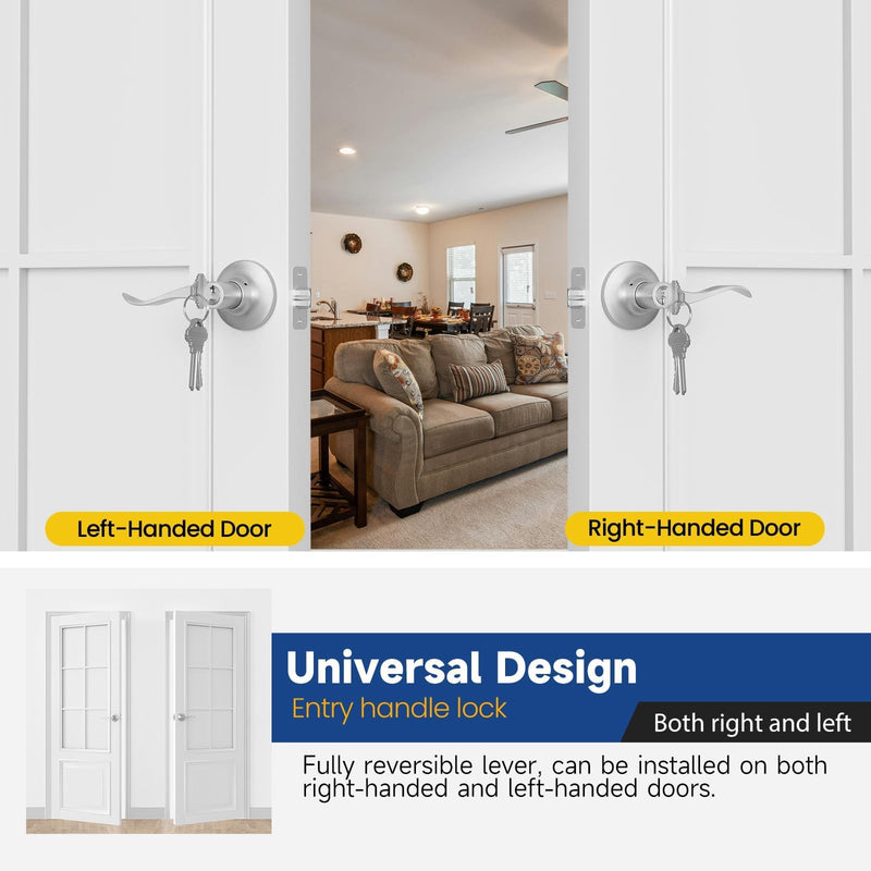 Keyed Entry Door Lever, Door Handle with Lock and Key, Exterior ＆ Interior Door Handle for Bedroom, Wave Style Lever Satin Nickel, Reversible for Left/Right 1 Pack