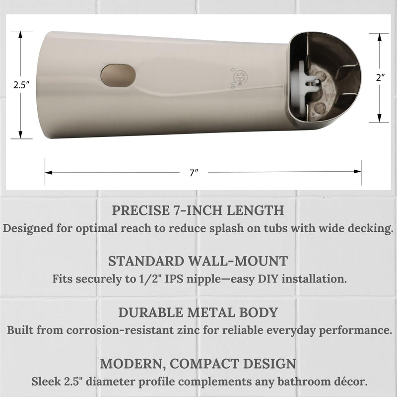 Westbrass 7" Diverter Tub Spout, Satin Nickel, E507D-1F-07
