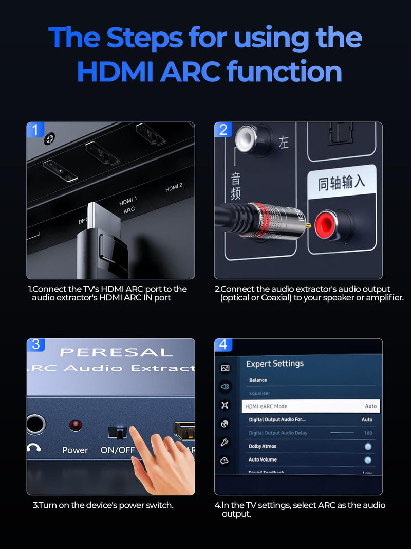192KHz HDMI ARC Audio Extractor with Optical Cable ARC Converter HDMI ARC to Optical TOSLINK SPDIF Coaxial, RCA+3.5mm Jack L/R Stereo, Audio Splitter for HDTV to Soundbar Amplifier Speakers headphones