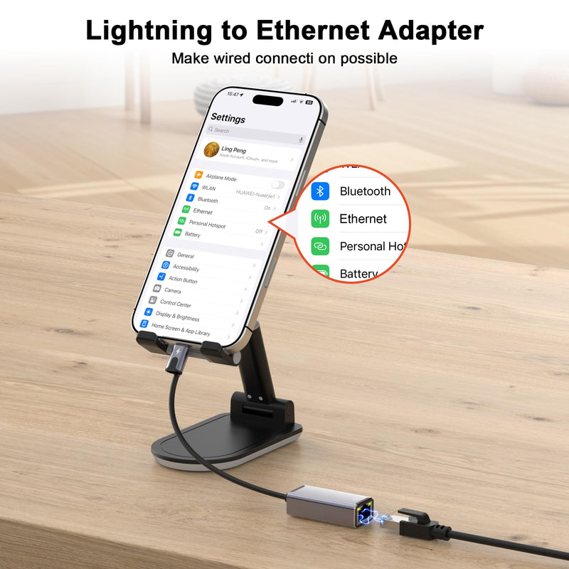 [Apple MFi Certified] LAN Network Lightning to Ethernet Adapter for iPhone | 1.6ft RJ45 Ethernet Adapter with 8Pin Compatible for iPhone 14/13/12/11/XS/XR/8/7/6/iPad/iPod,Plug and Play LBlack
