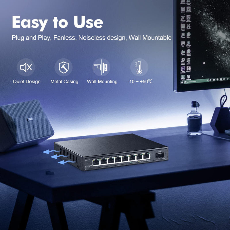 8 Port 2.5G Switch with 10G SFP+, 8 x 2.5GBASE-T Ports, 2.5Gbps Network Hub Ethernet Splitter, YuLinca Multi-Gigabit Fanless Unmanaged Plug&Play Gaming Switch 8x2.5G + 1x10G SFP